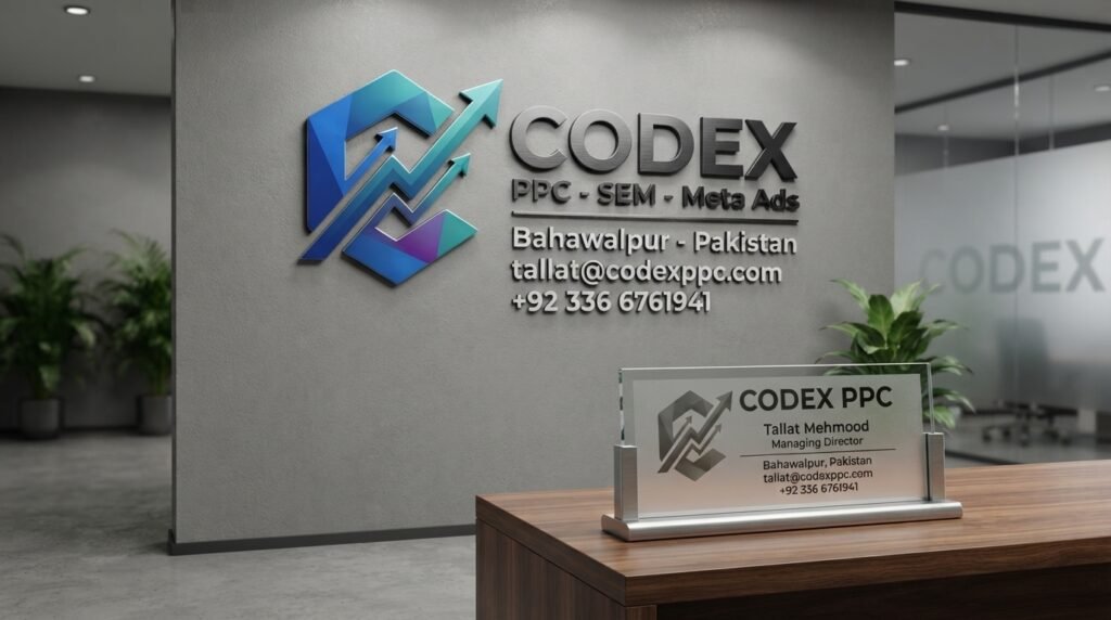 Codex PPC office sign in Bahawalpur, Pakistan showing PPC, SEM and Meta Ads services