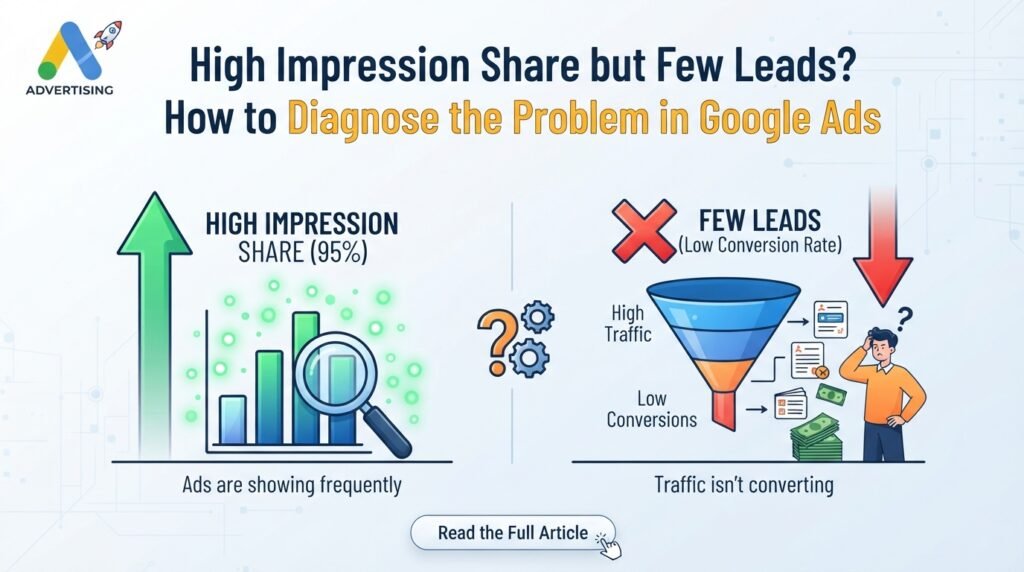 High Impression Share but Few Leads? How to Diagnose the Problem in Google Ads 3 Google Ads infographic showing 95% impression share, high traffic and low lead conversions