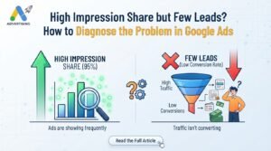 Google Ads infographic showing 95% impression share, high traffic and low lead conversions