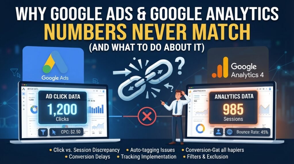 Google Ads and GA4 data mismatch infographic: comparing 1,200 ad clicks with 985 sessions.